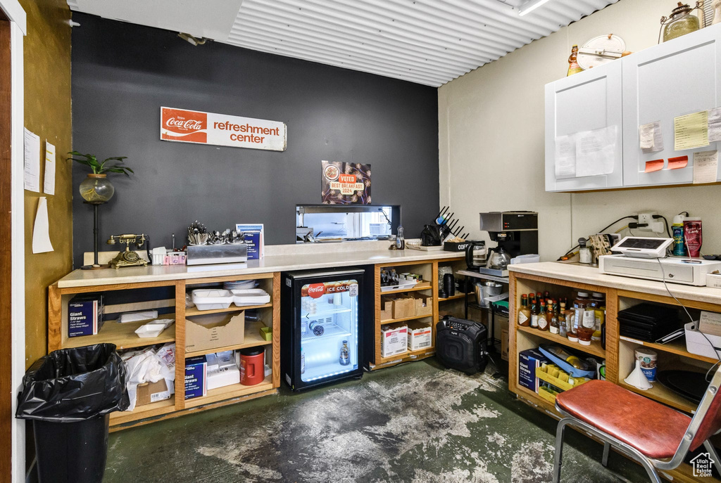 Office area with concrete floors