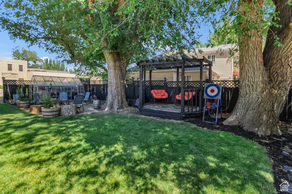 Fenced backyard with a pergola