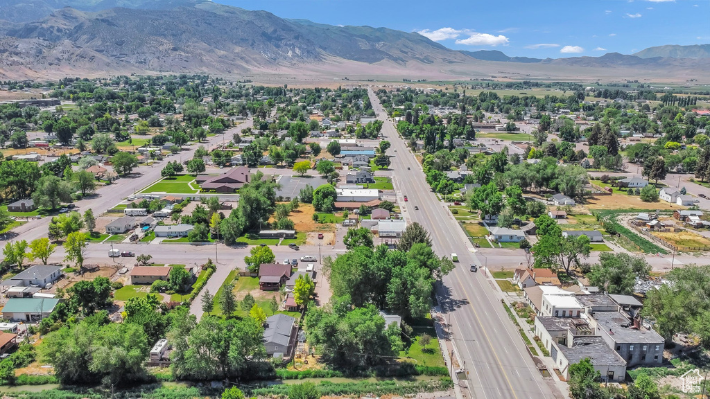 Aerial perspective of suburban area with mountains