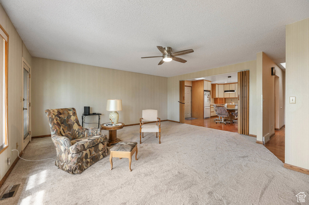 Sitting room with carpet floors, a textured ceiling, ceiling fan, and an office area