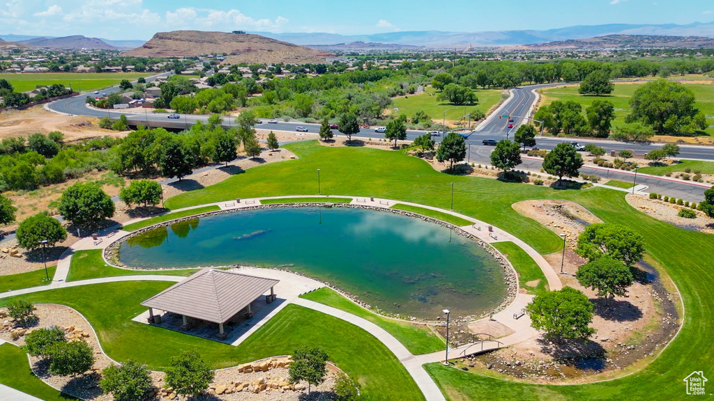 Aerial view of a water and mountain view