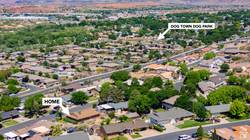 Aerial view of residential area with mountains