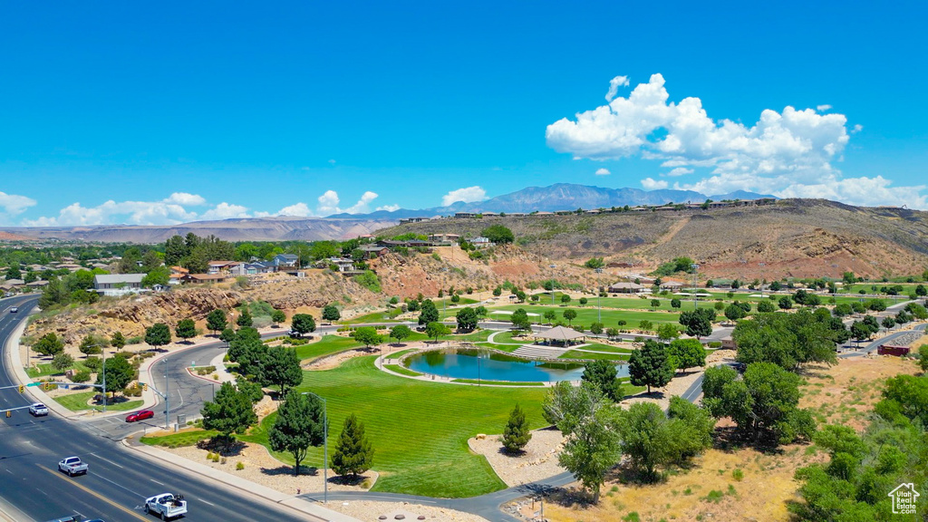 Aerial view of a water and mountain view