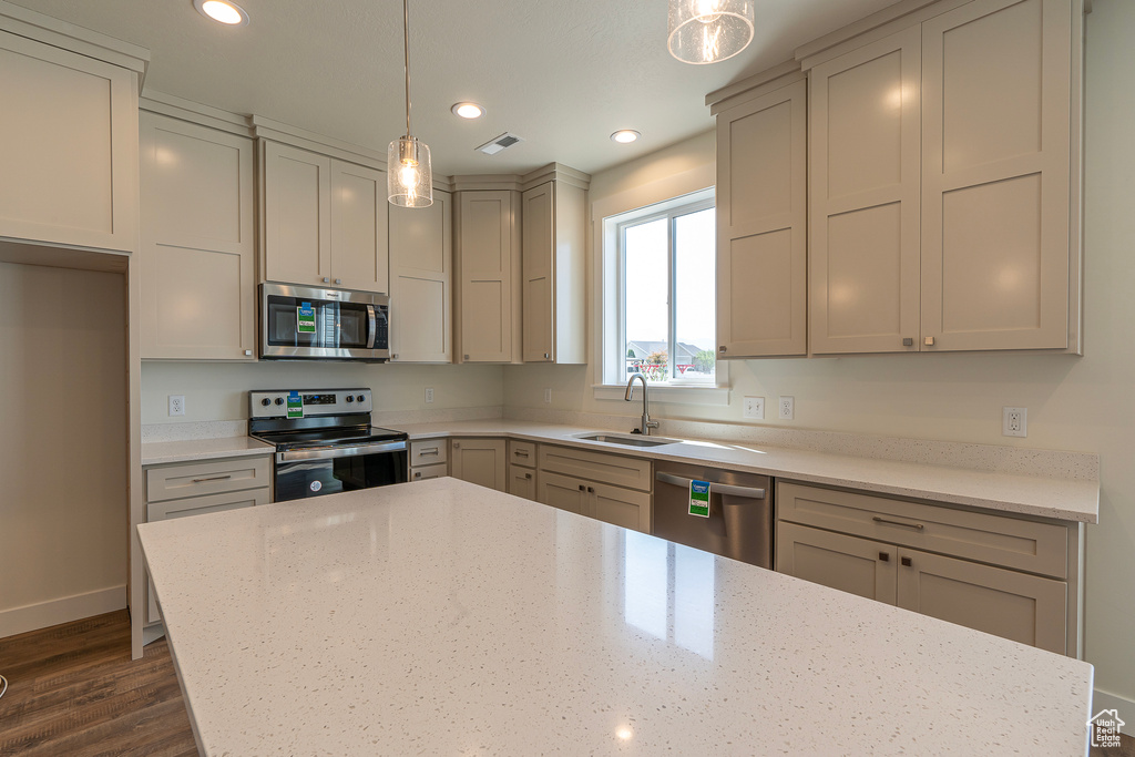 Kitchen with stainless steel appliances, dark wood-type flooring, light stone counters, decorative light fixtures, and recessed lighting