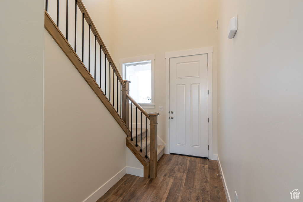 Entrance foyer featuring dark wood-type flooring, a towering ceiling, and stairs