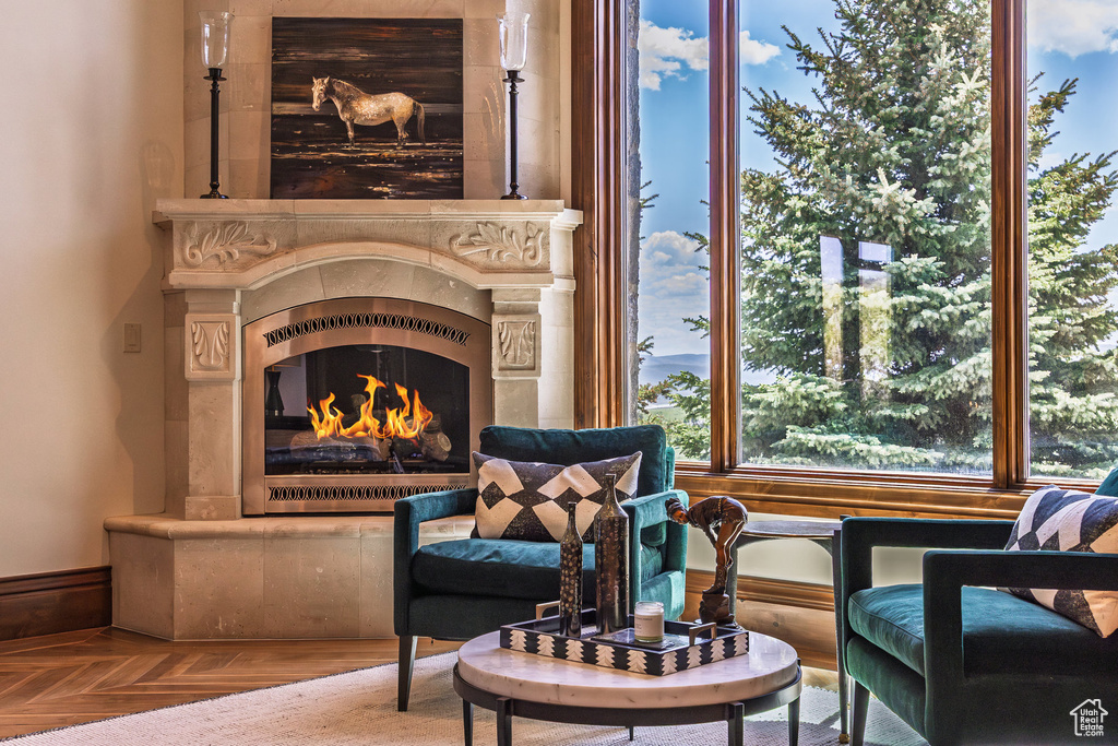 Sitting room with a fireplace