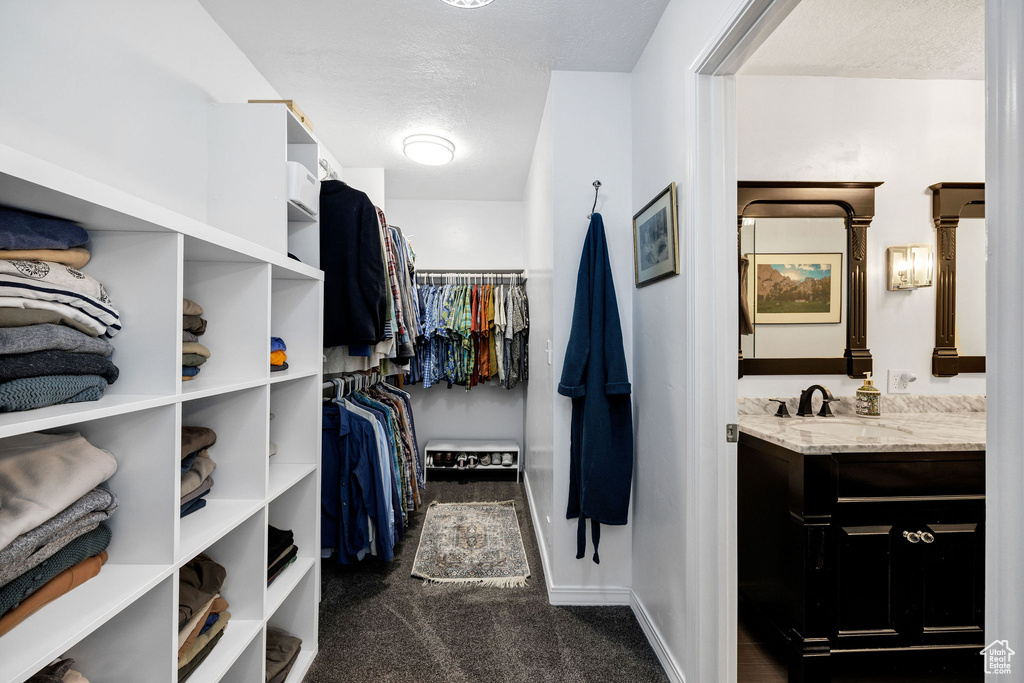 Spacious closet with a sink and dark carpet