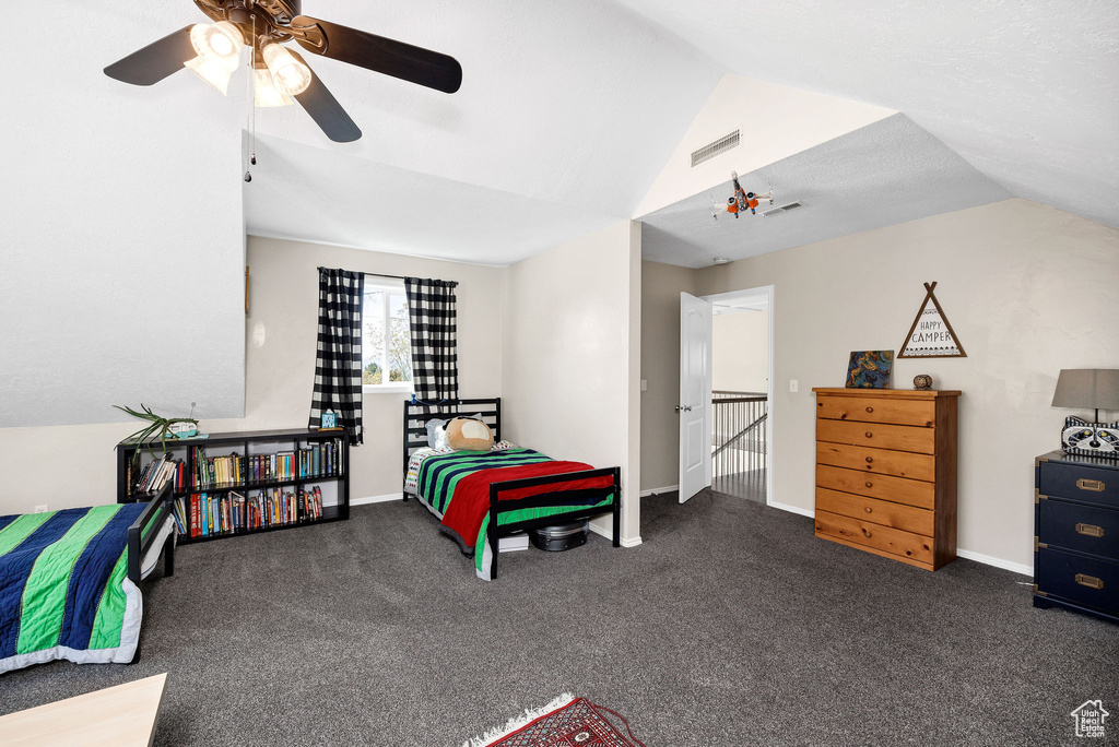 Carpeted bedroom with lofted ceiling and a ceiling fan