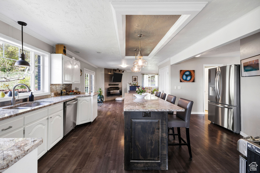 Kitchen featuring appliances with stainless steel finishes, a tray ceiling, a breakfast bar, dark wood-style flooring, and white cabinetry