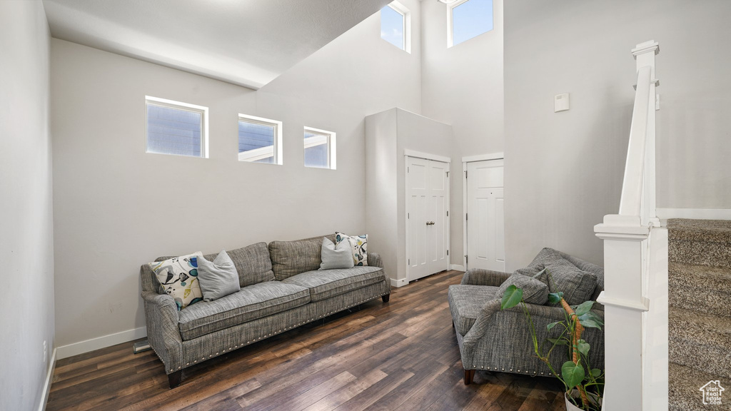 Living area featuring dark wood-style floors and a high ceiling
