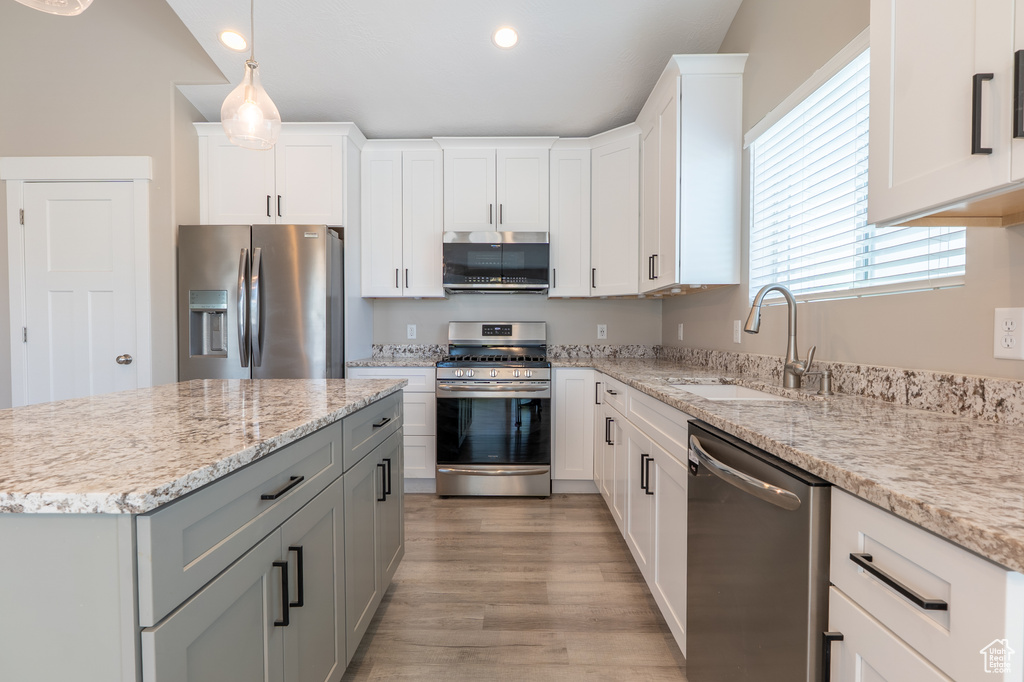 Kitchen with appliances with stainless steel finishes, recessed lighting, plenty of natural light, light wood-type flooring, and white cabinets