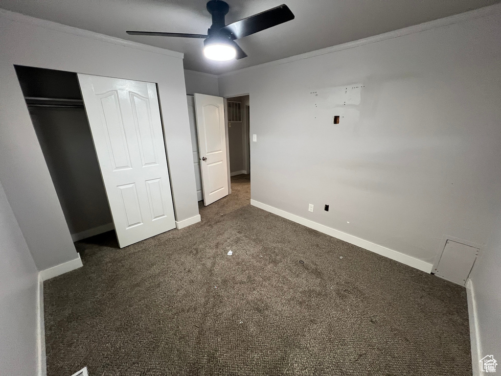 Unfurnished bedroom featuring carpet flooring, ornamental molding, a closet, and a ceiling fan