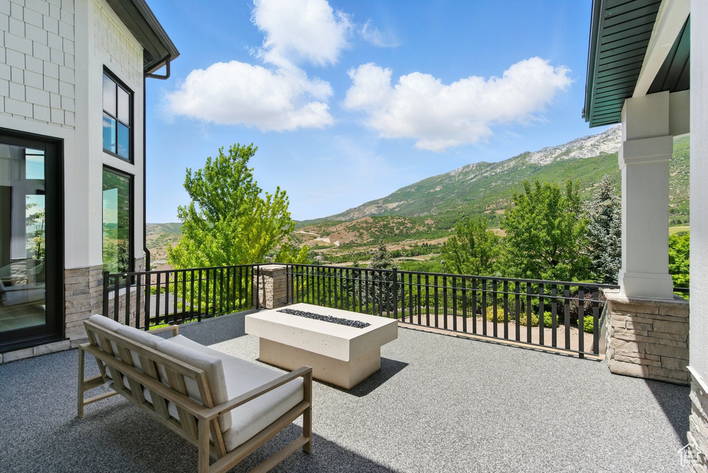 Patio / terrace with a mountain view
