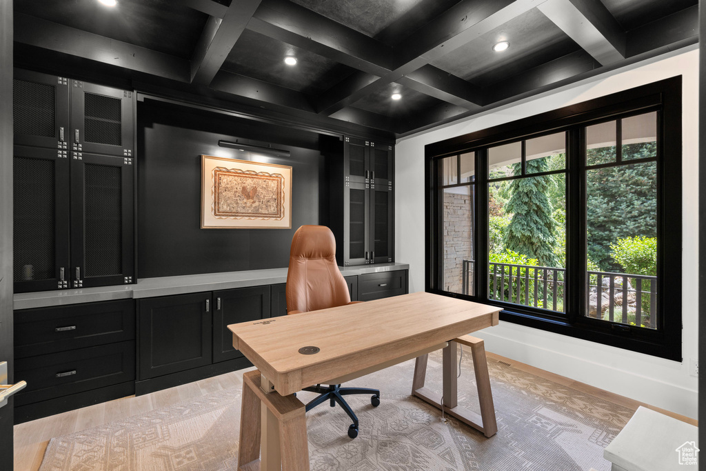Home office featuring coffered ceiling, recessed lighting, beamed ceiling, and light wood-style floors