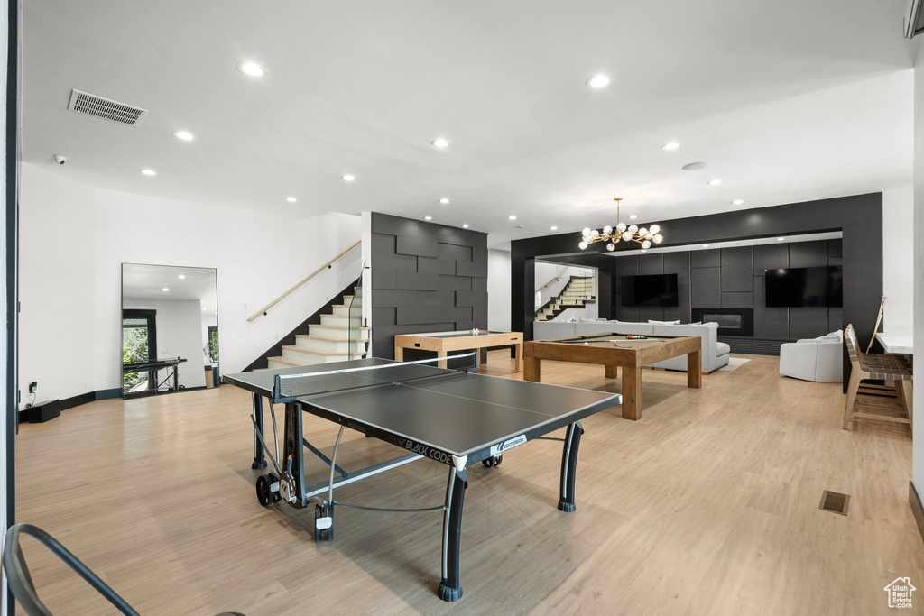 Recreation room featuring recessed lighting, light wood finished floors, and pool table