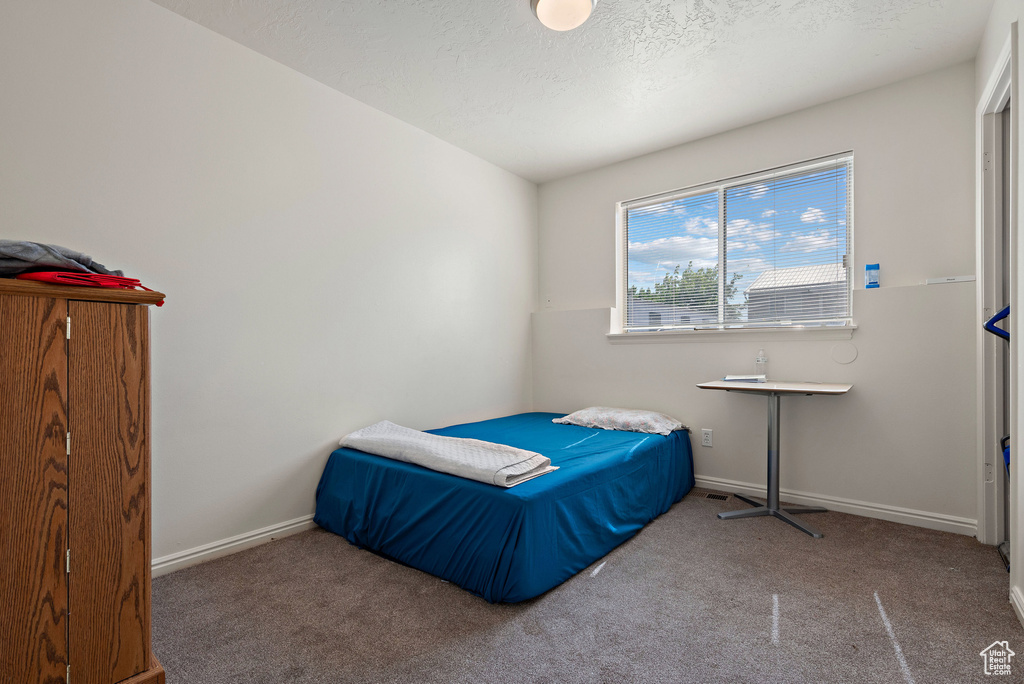 Bedroom featuring carpet and a textured ceiling
