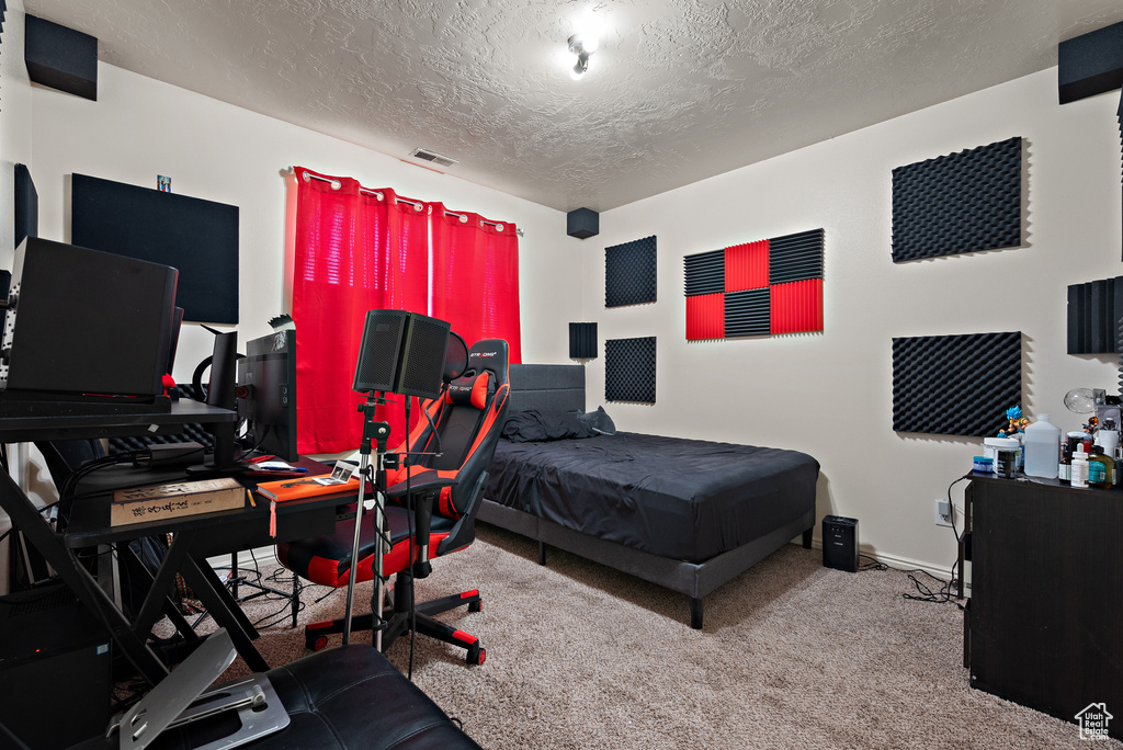 Bedroom with carpet flooring and a textured ceiling