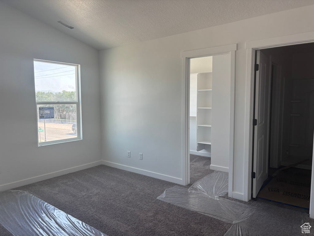 Unfurnished bedroom with carpet floors, vaulted ceiling, a textured ceiling, and a spacious closet