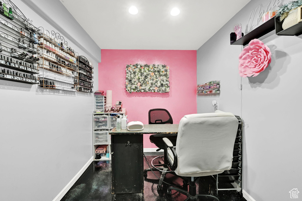 Office area featuring baseboards and recessed lighting