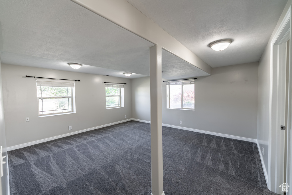 Below grade area featuring dark colored carpet and a textured ceiling