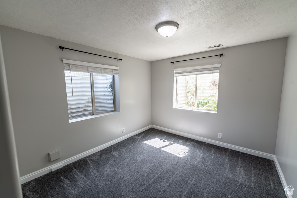 Empty room with carpet floors, plenty of natural light, and a textured ceiling