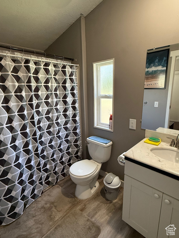 Full bath featuring wood finished floors, vanity, vaulted ceiling, a textured ceiling, and a shower with shower curtain