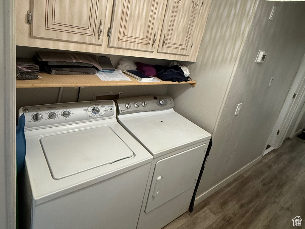 Laundry area featuring washer and dryer, cabinet space, and dark wood-type flooring