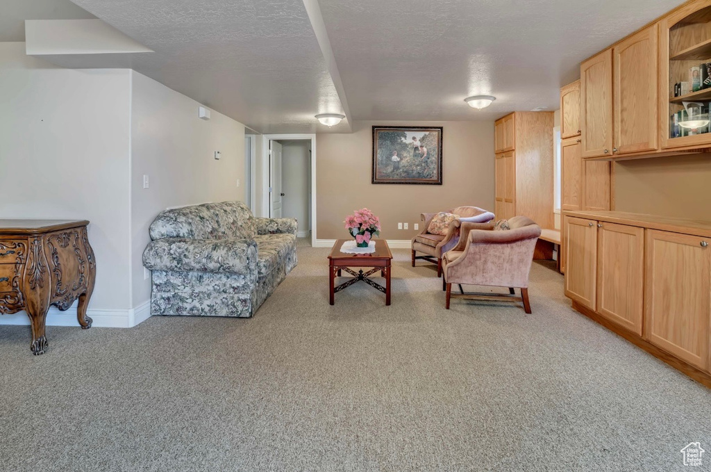 Living area featuring light colored carpet and a textured ceiling