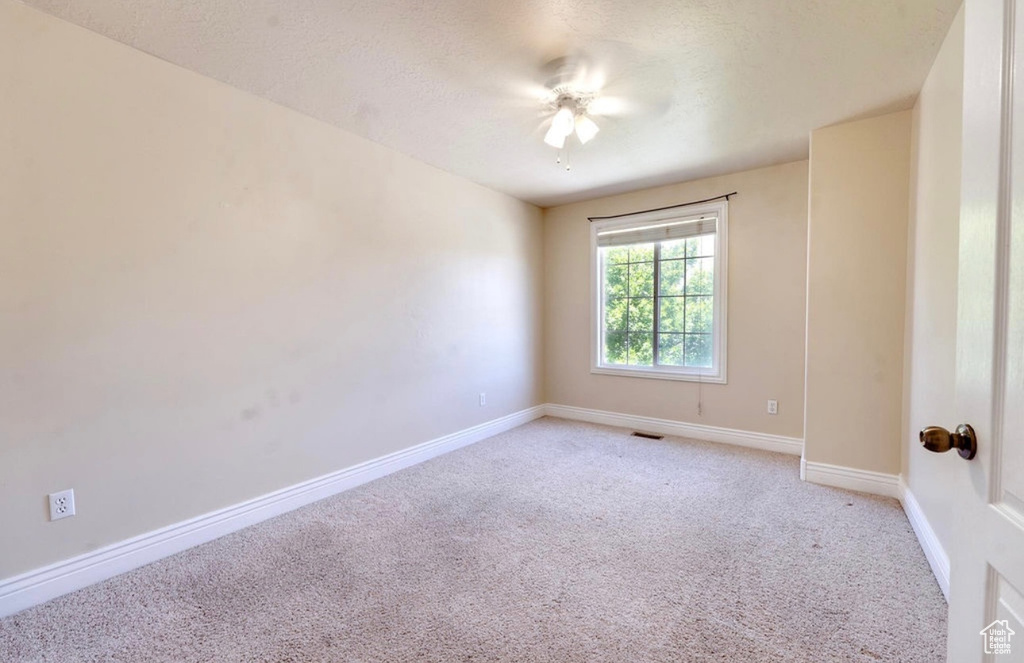 Carpeted empty room featuring baseboards and a textured ceiling