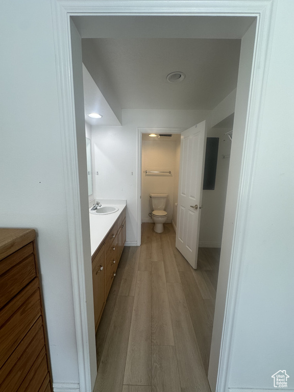Bathroom with vanity and wood finished floors