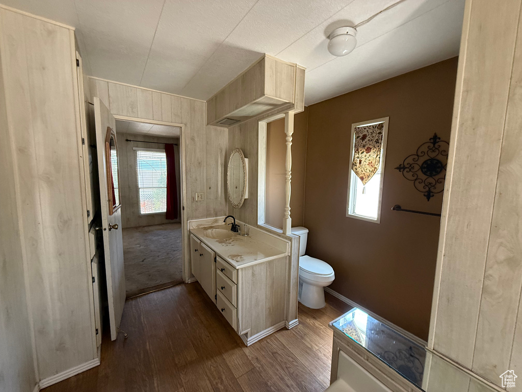 Bathroom featuring vanity, wood finished floors, healthy amount of natural light, and wood walls