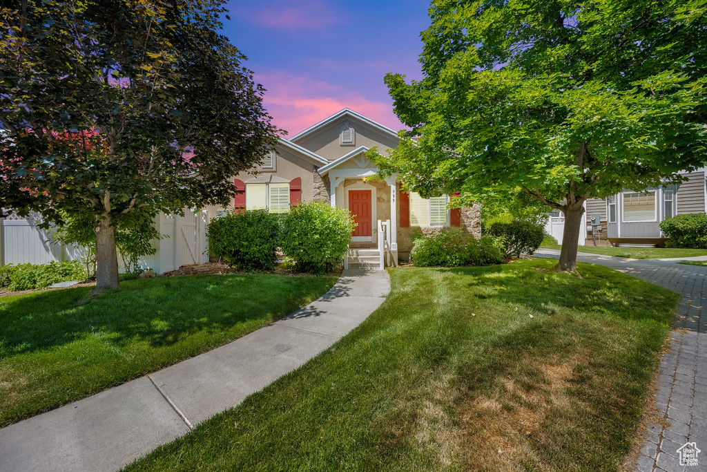 View of property hidden behind natural elements with a front yard and stucco siding