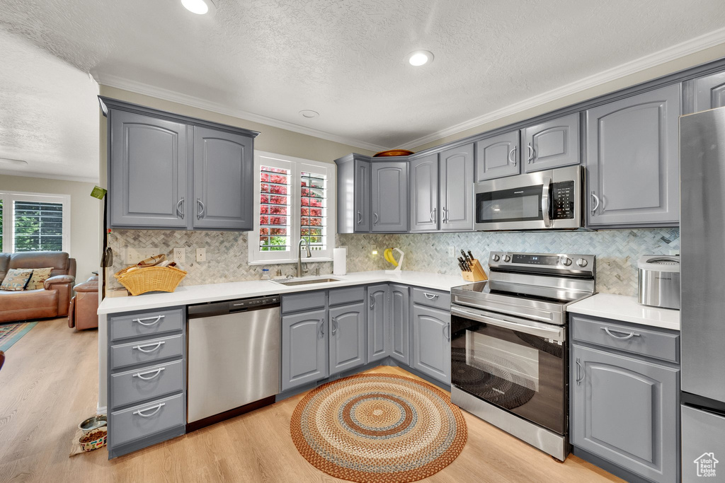 Kitchen with stainless steel appliances, gray cabinetry, a sink, crown molding, and light wood-style flooring