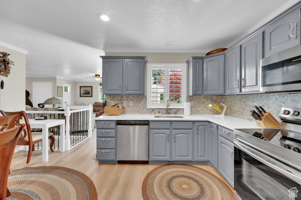 Kitchen with appliances with stainless steel finishes, gray cabinetry, a sink, and crown molding
