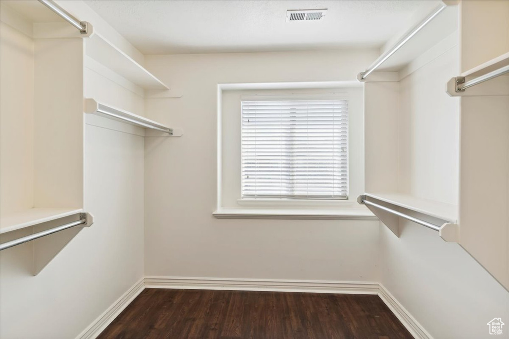 Walk in closet featuring dark wood-style flooring