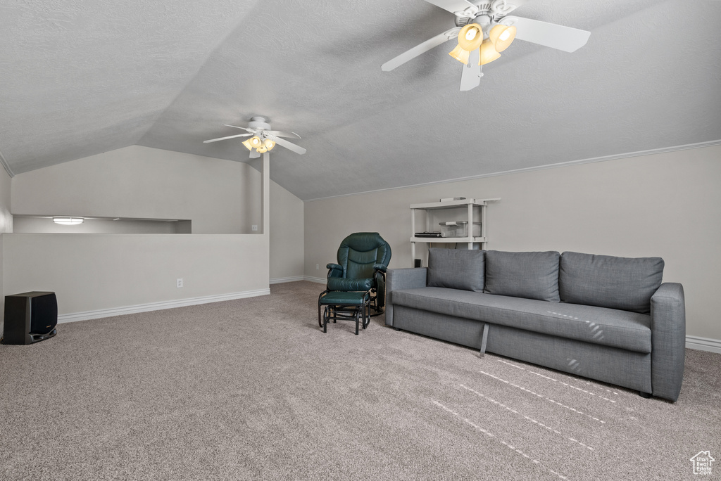 Carpeted living room featuring ceiling fan, lofted ceiling, and a textured ceiling