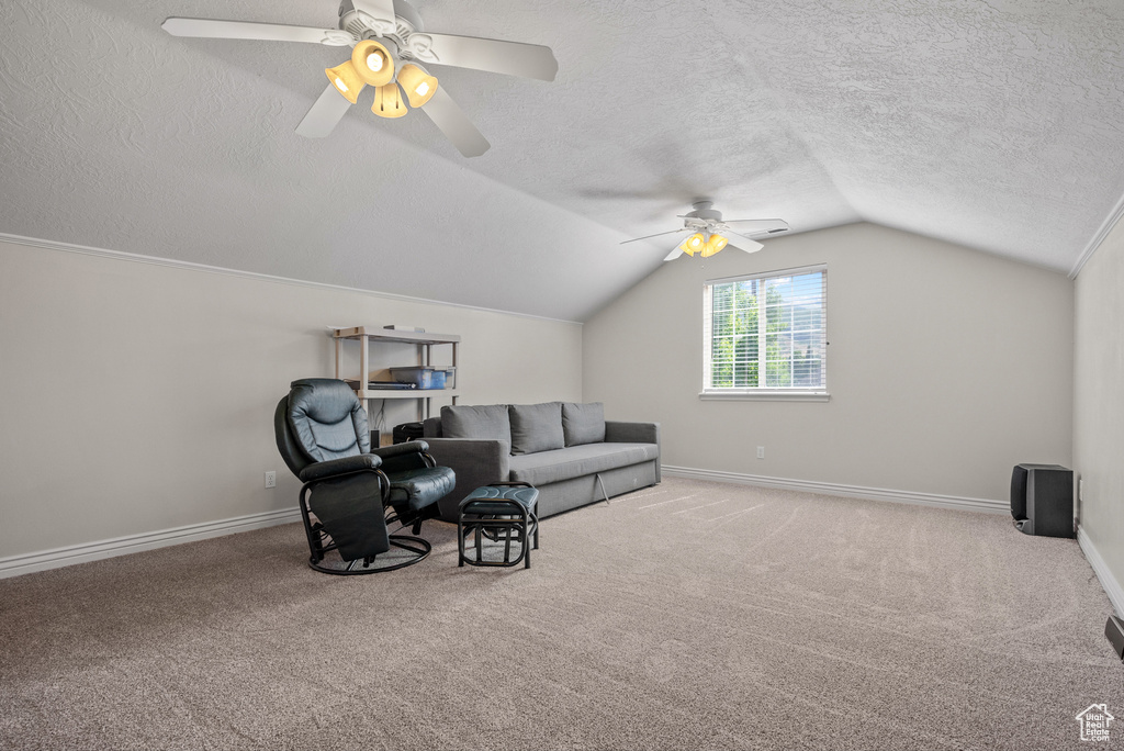 Living area featuring a textured ceiling, a ceiling fan, vaulted ceiling, and carpet flooring