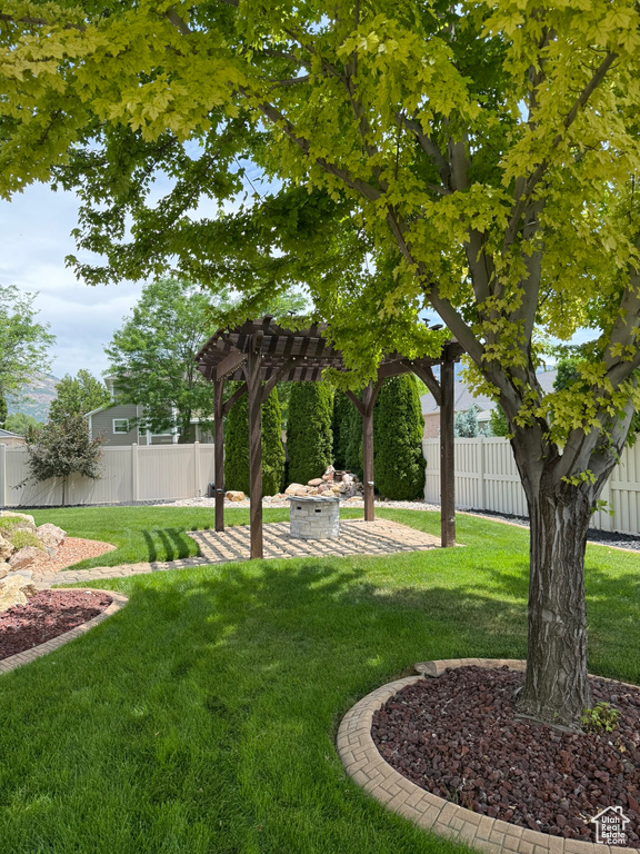 Fenced backyard featuring a pergola, a patio, and an outdoor fire pit