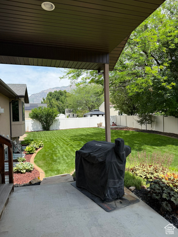 Fenced backyard featuring a grill, a patio area, and a mountain view