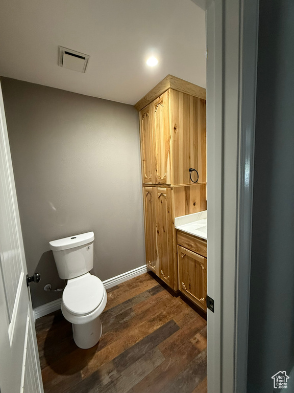 Bathroom with wood finished floors and vanity