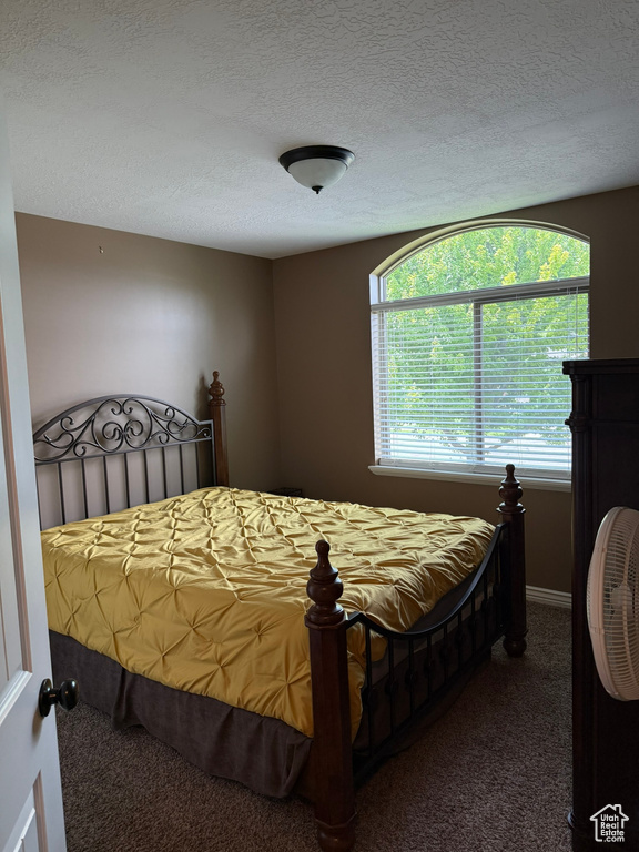 Carpeted bedroom with a textured ceiling