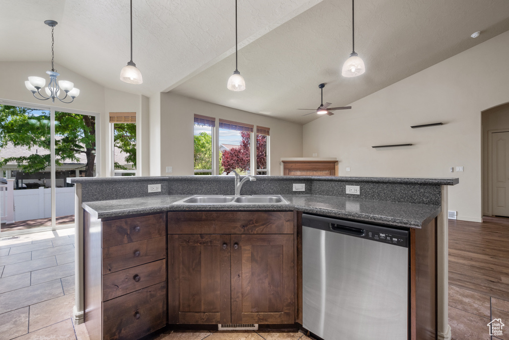 Kitchen with stainless steel dishwasher, lofted ceiling, healthy amount of natural light, and pendant lighting