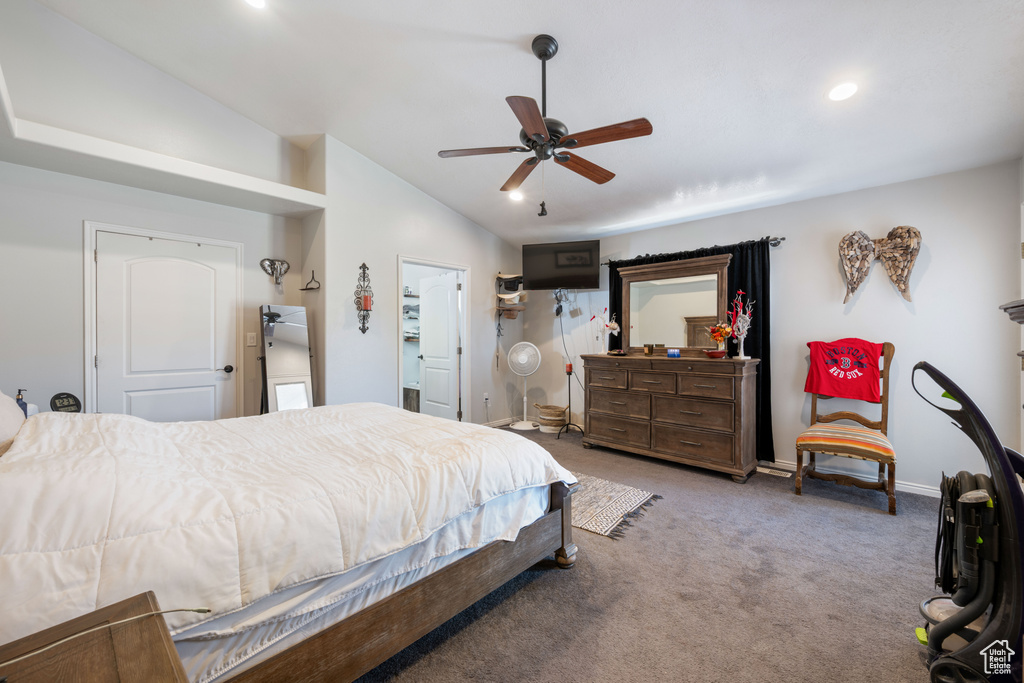 Bedroom featuring lofted ceiling, light carpet, recessed lighting, and ceiling fan