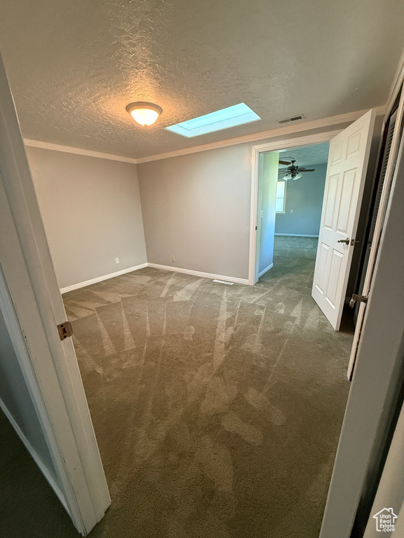 Carpeted empty room with a skylight, a textured ceiling, and ornamental molding