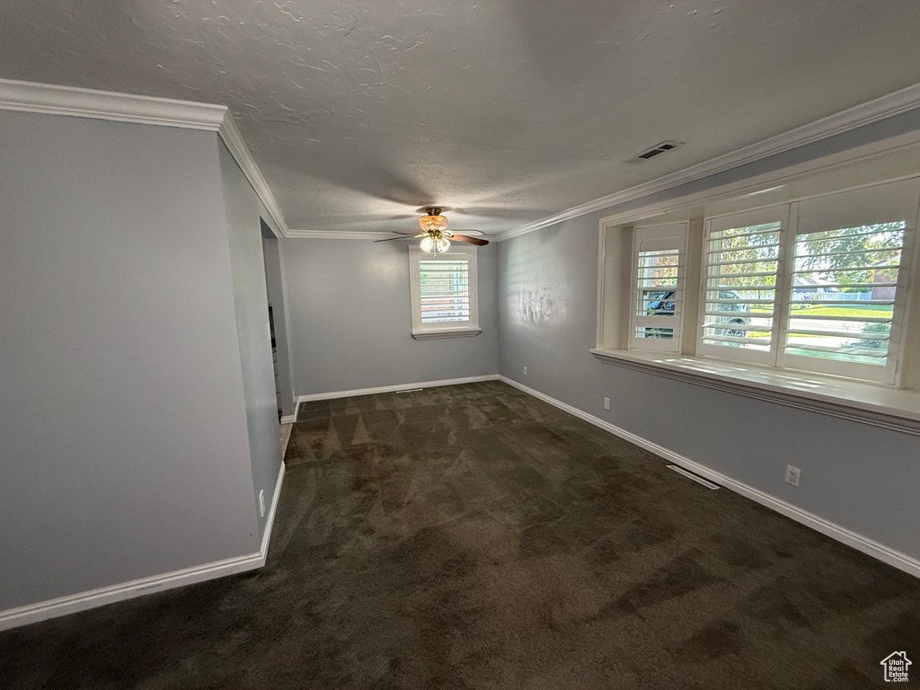 Carpeted empty room with a ceiling fan and ornamental molding