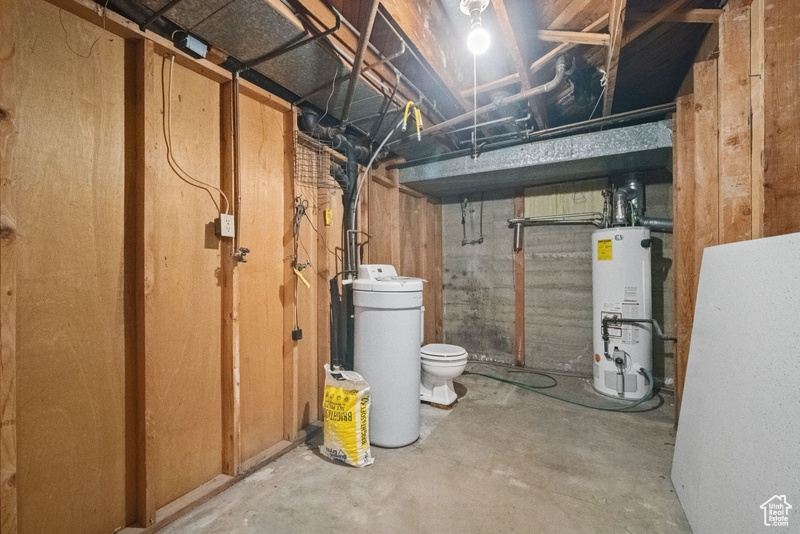 Unfinished below grade area featuring gas water heater and a water softener