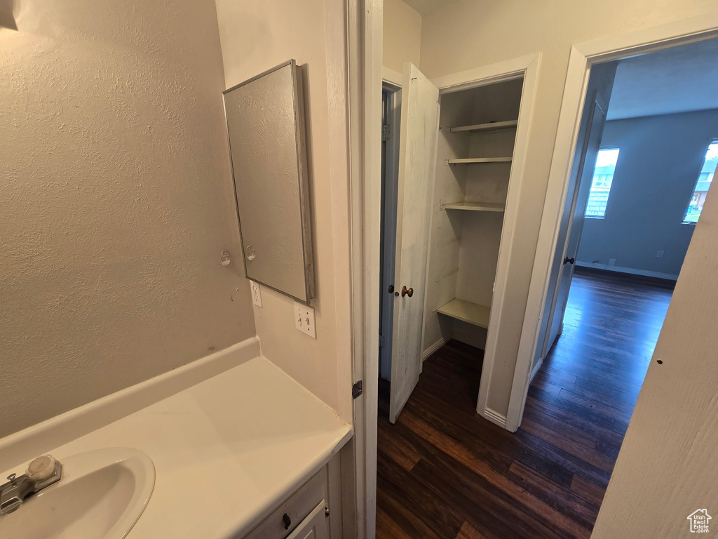 Bathroom with wood finished floors and vanity