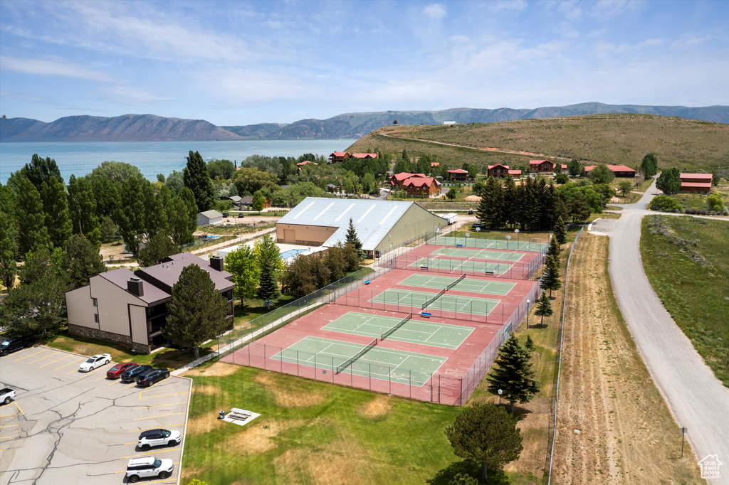 Aerial view of a water and mountain view