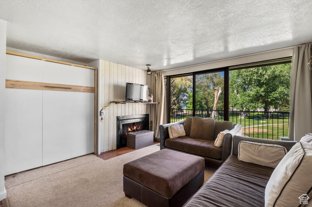 Carpeted living room with a lit fireplace and a textured ceiling
