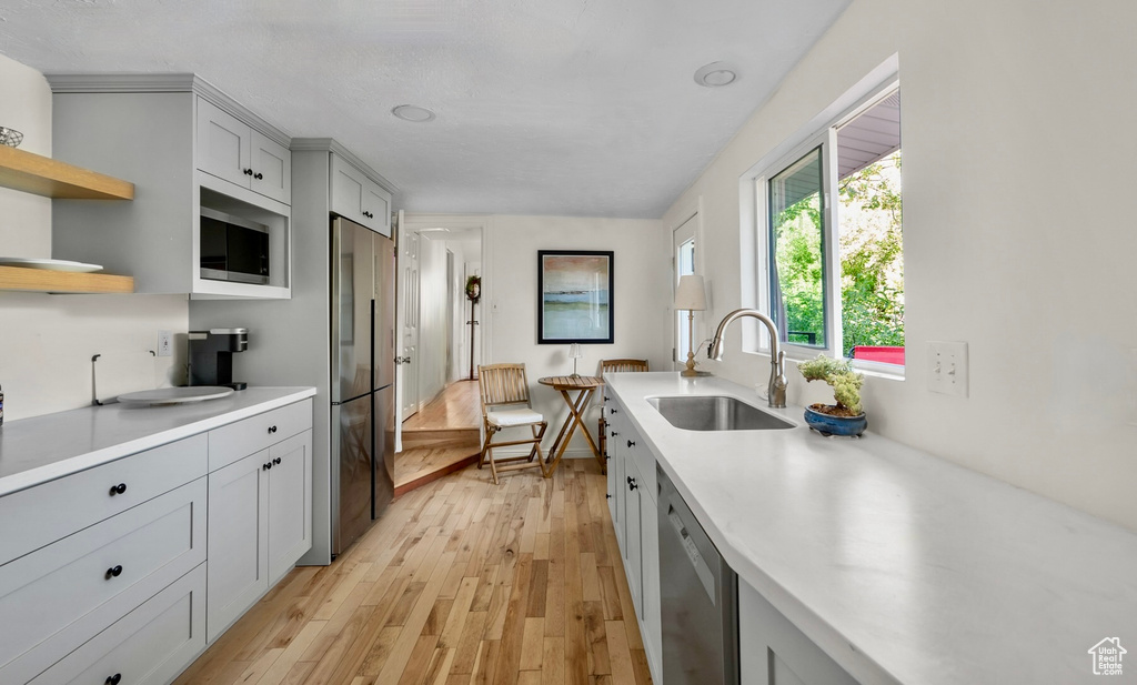 Kitchen featuring stainless steel appliances, light wood-style floors, light countertops, open shelves, and gray cabinetry